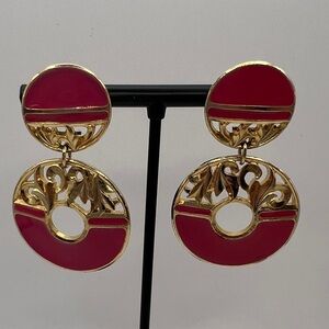 Vintage Berebi hot pink enamel and gold tone pierced earrings